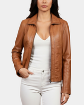 Womens Classic Zip Fastening Leather Jacket Julia Dynamo Tan